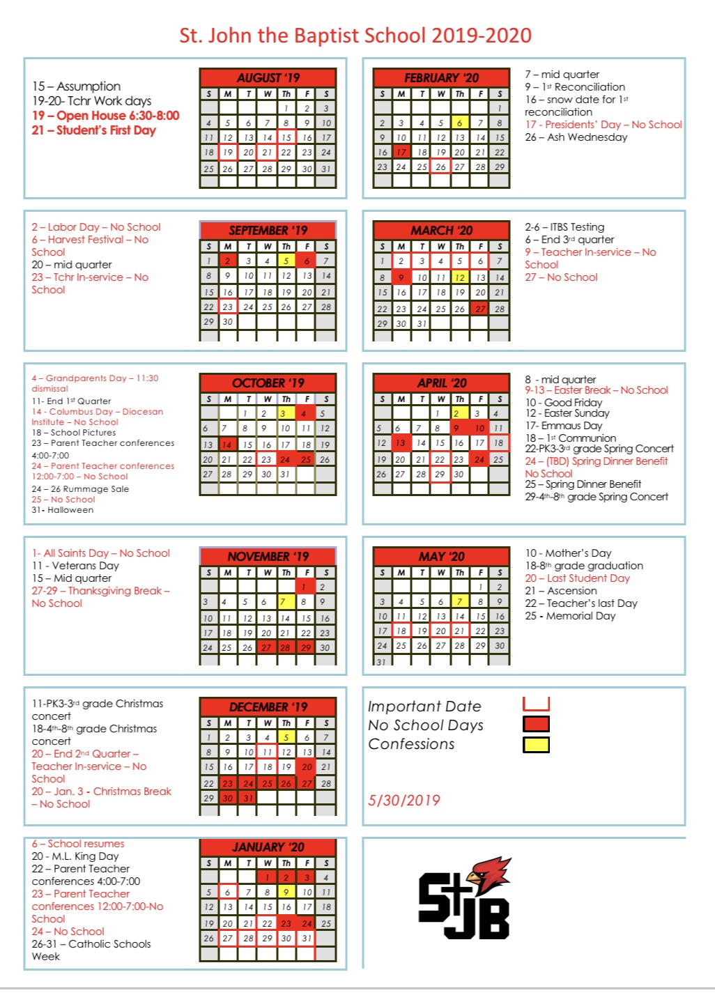 201920 School Calendar & Classroom Supply List St. John the Baptist