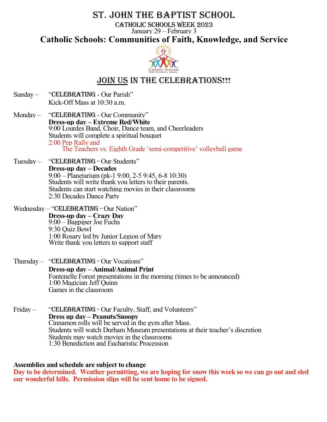 Catholic Schools Week Schedule Set | St. John the Baptist Catholic School